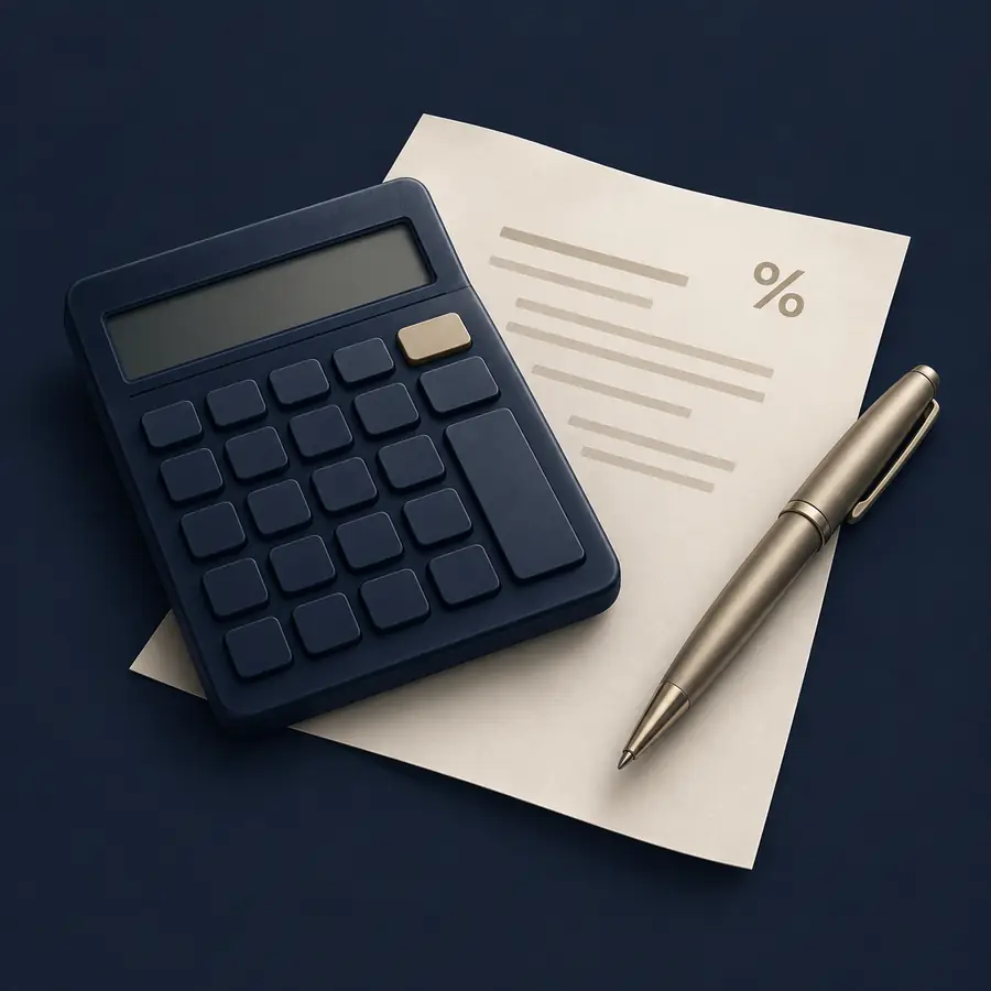 Calculadora e documento fiscal sobre uma mesa azul-marinho