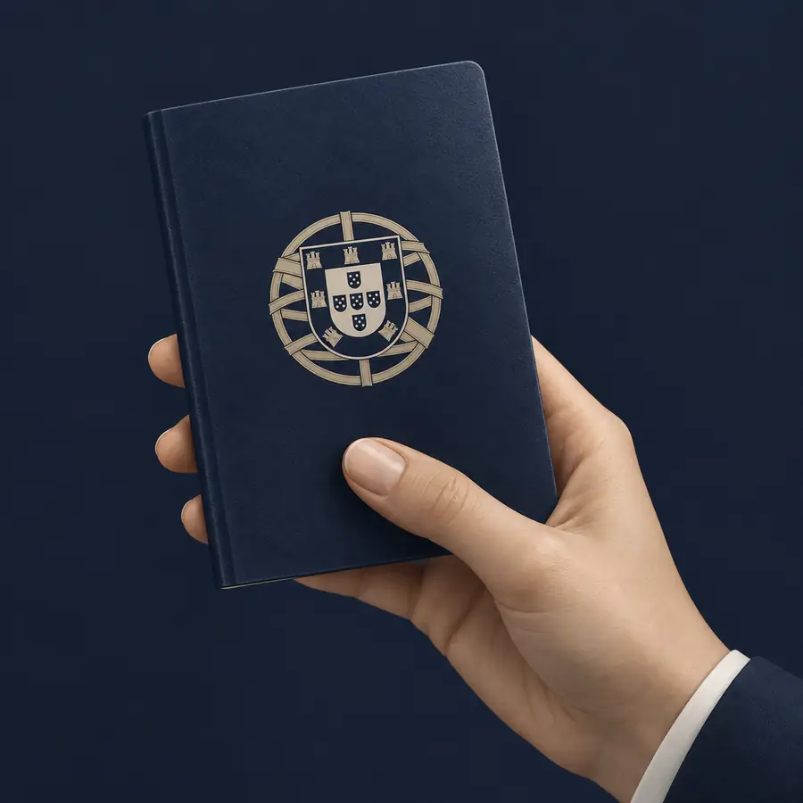 Mão a segurar um passaporte português
