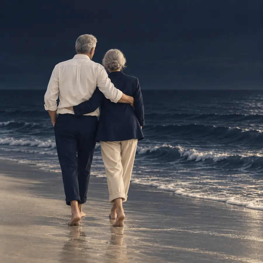 Casal sénior a caminhar à beira-mar ao fim do dia