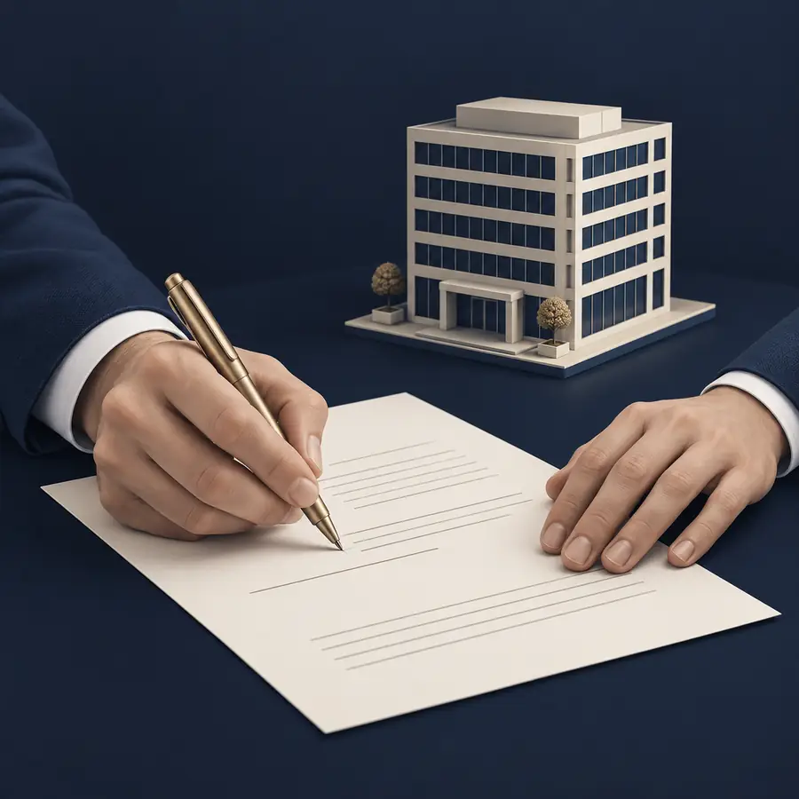 Mão a assinar um documento junto a uma maquete de edifício de escritórios